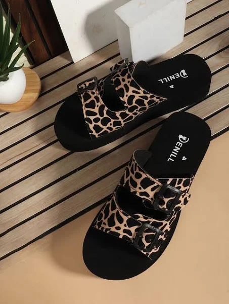 Denill Women's Printed Velvet Open Toe Flats with Buckles